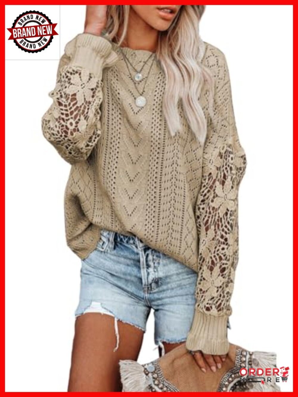 Womens Crochet Lace Long Sleeve Cable Knit Sweater Pullover